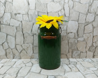 ヴィンテージグリーンエナメルミルクペール：素朴な農家風花瓶（32 cm