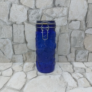 Vintage Cobalt Blue Glass Canister With Locking Lid Blue glass jar with lid  9.8 in Tall