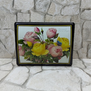 Vintage French Metal Tin Box: Yellow & Bengal Roses, Storage Container