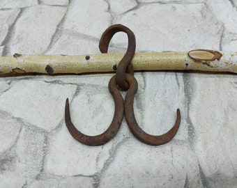Antique Hand Forged Iron Double Hook: Primitive Hunter Decor