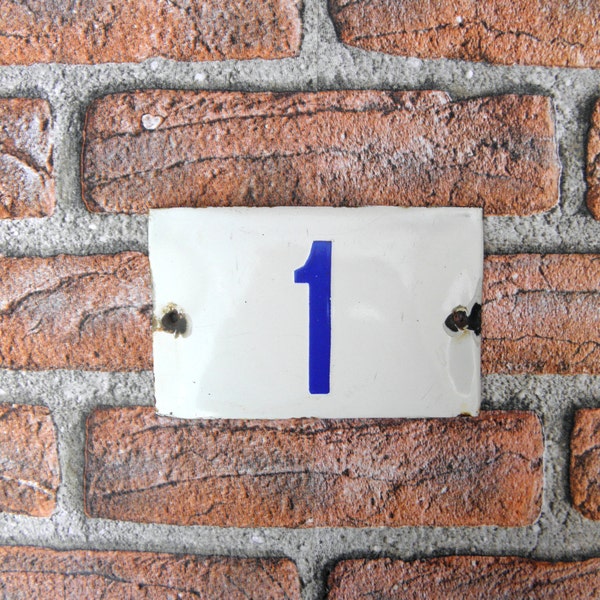 Vintage blanc et bleu émail maison numéro 1, plaque de porte de maison, plaque de métal émaillé blanc, adresse des signes, plaques de collection, cadeau de la maison