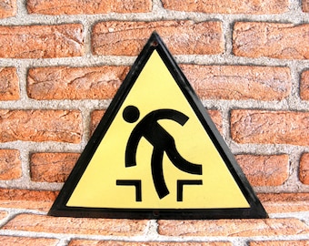 Vintage Tin Enamel Porcelain Sign, Warning Caution Industrial Sign, Yellow and Black Metal Sign, Gift for Man Cave, Industrial Decor 1970&#39;s