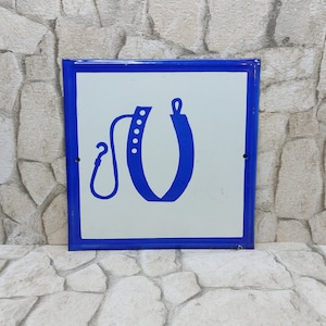 Vintage Porcelain Enamel Sign, Rare Vintage &#39;Hook with Belt&#39; Indication Porcelain Enamel Sign Board, Nice Square Shape blue and white Sign