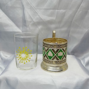 Vintage glazen houder en glazen metalen glazen houder handgeschilderde USSR WOGOGRAD Russische theeglashouder Podstakannik ВОЛГОГРАД kerstcadeau