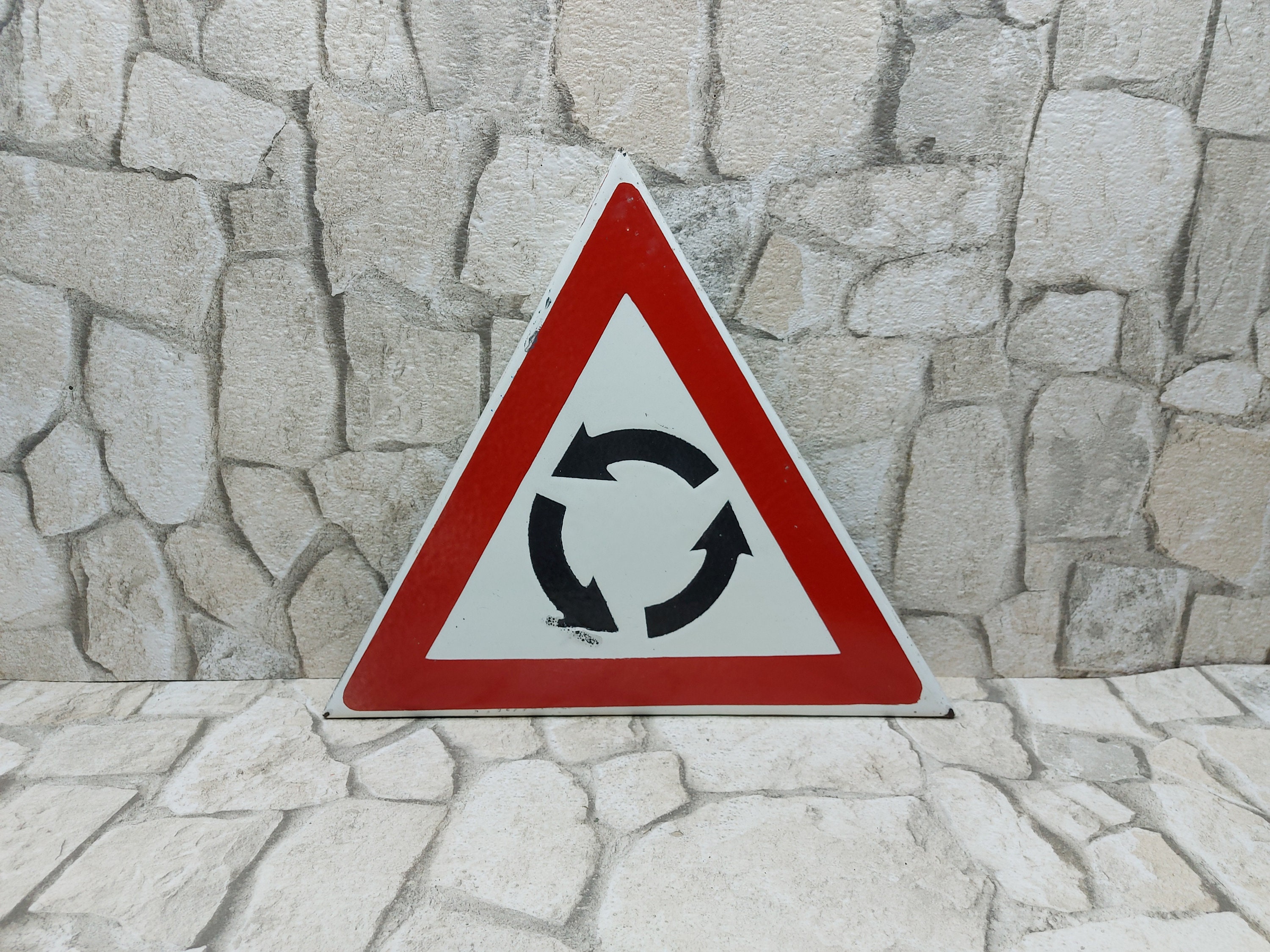 Vintage European Enamel Yield Sign: Red & White Metal Traffic