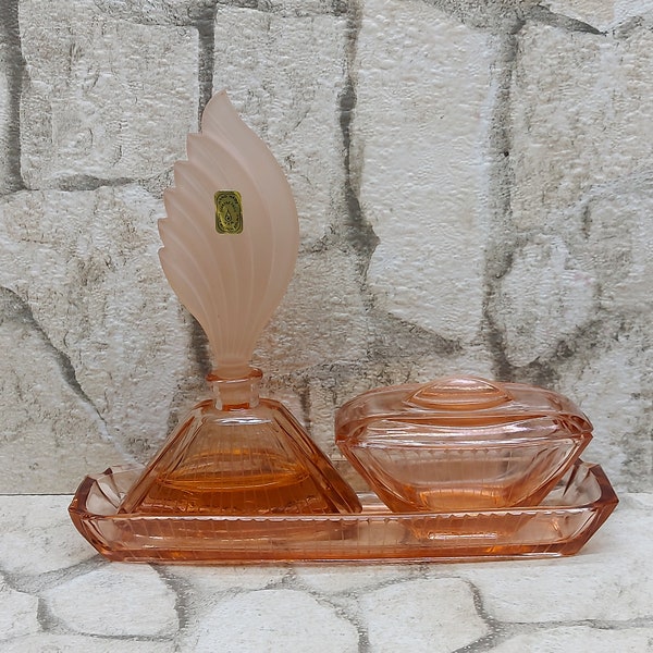 Vintage Vanity Glass Decor Set Vintage glass perfume bottle and cosmetic bowl CZECH BOHEMIAN ART