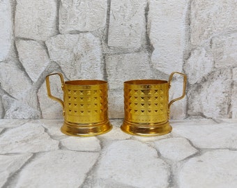 Vintage USSR Metal Tea Glass Holders: Podstakannik Set of 2