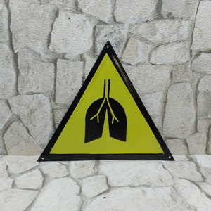 Vintage Enamel Sign Large (12.4inch) , Sign Warning Dust Hazard Lungs, Yellow And Black Porcelain Enamel Sign, Industrial Decor 1970&#39;s, Gift