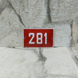Enamel House Number 281, Vintage White and Red House Door Sign, White Enamel Metal Plate, Address Signs, Collectible Plates, Home gift