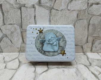 Metal Box with Angel, Girl Trinket Box, Christmas Tins, empty Box, Angel Box, Angels Decor,  Biscuit box,  Merry Christmas Box, White box