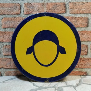 Vintage Porcelain Enamel Safety Sign - Warning Work with Protective Cloth Head - Factory Sign Gift Man Cave, zografa Free worldwide delivery