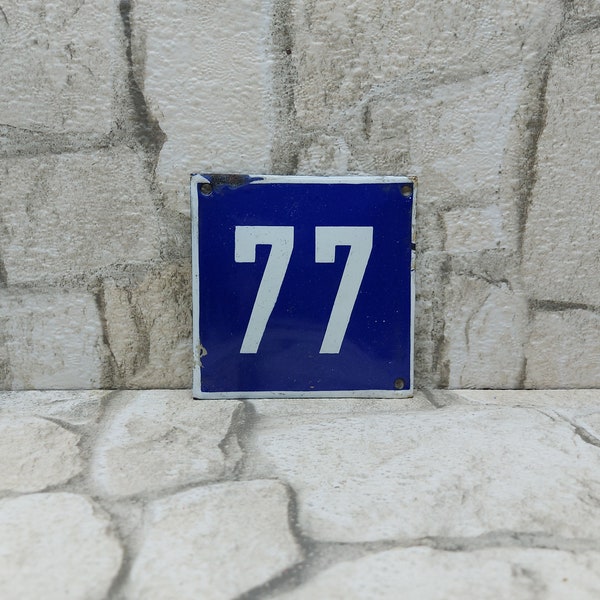 Vintage Sign House Door Number 77, Blue and White Enamel Metal Plate, Door Number, Street Sign Enameled Porcelain, Garage Door Number Sign