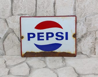 Vintage Enamel Porcelain Sign PEPSI COLA Advertising Board, Kitchen Bar Blue Red White color, Collectible Man Cave