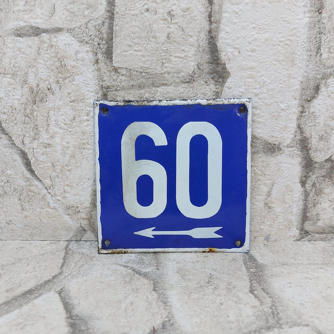 Vintage Enamel House Number 60: Blue Address Sign With Arrow - Etsy