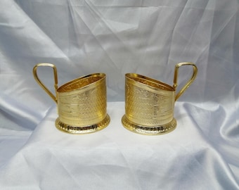 USSR Vintage set of 2 metal glass holders Russian tea Podstakannik