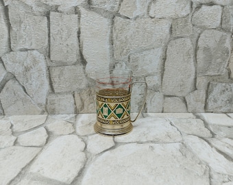 Vintage Russian Tea Glass Holder, Hand-Painted Podstakannik, USSR