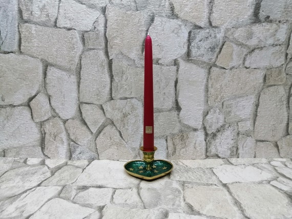 Brass Enamel Candlestick, Heart-Shaped with Green Stars