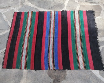 Vintage Handwoven Rag Rug: Bulgarian Folk Art Kilim