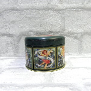 Metal Box with Angels, Girl Trinket Box, Christmas Tins, Round empty Box, Green Box, Angel Box, Angels Decor Small Metal Box Round Metal Box