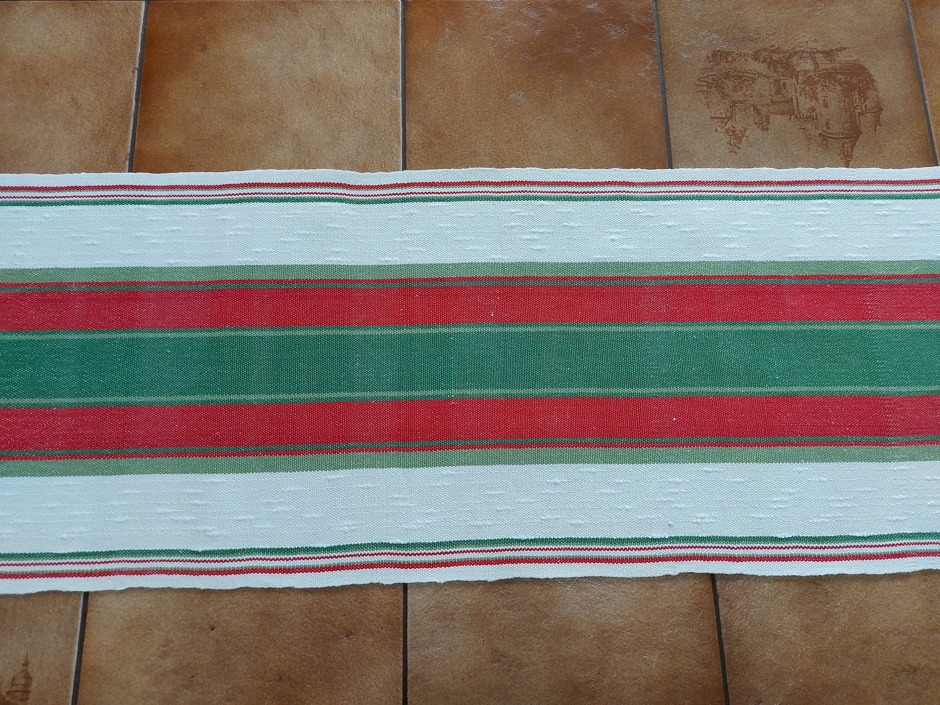 Vintage Scandinavian Table Runner, Woven Tablecloth, Long Table Runner in WHITE, RED and GREEN, Cotton Tablecloth, Free Delivery, On Sale