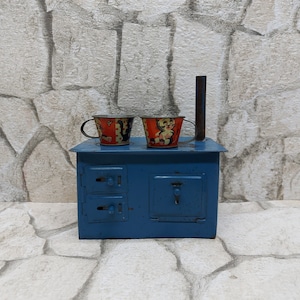 On Sale Vintage Dollhouse Miniature Stove and 2 miniature cooking utensils Small Metal Kitchen Stove French Dolls House Furniture   toy