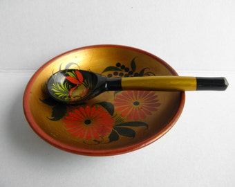 Vintage Khokhloma Wooden Bowl and Spoon Set, Russian Folk Art Decor