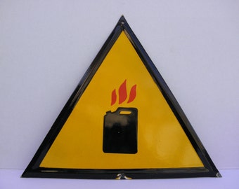Rare plaque émaillée vintage Attention, Attention Danger aux objets inflammables, Bidon de carburant, Ancienne plaque industrielle en porcelaine, Décoration murale vintage