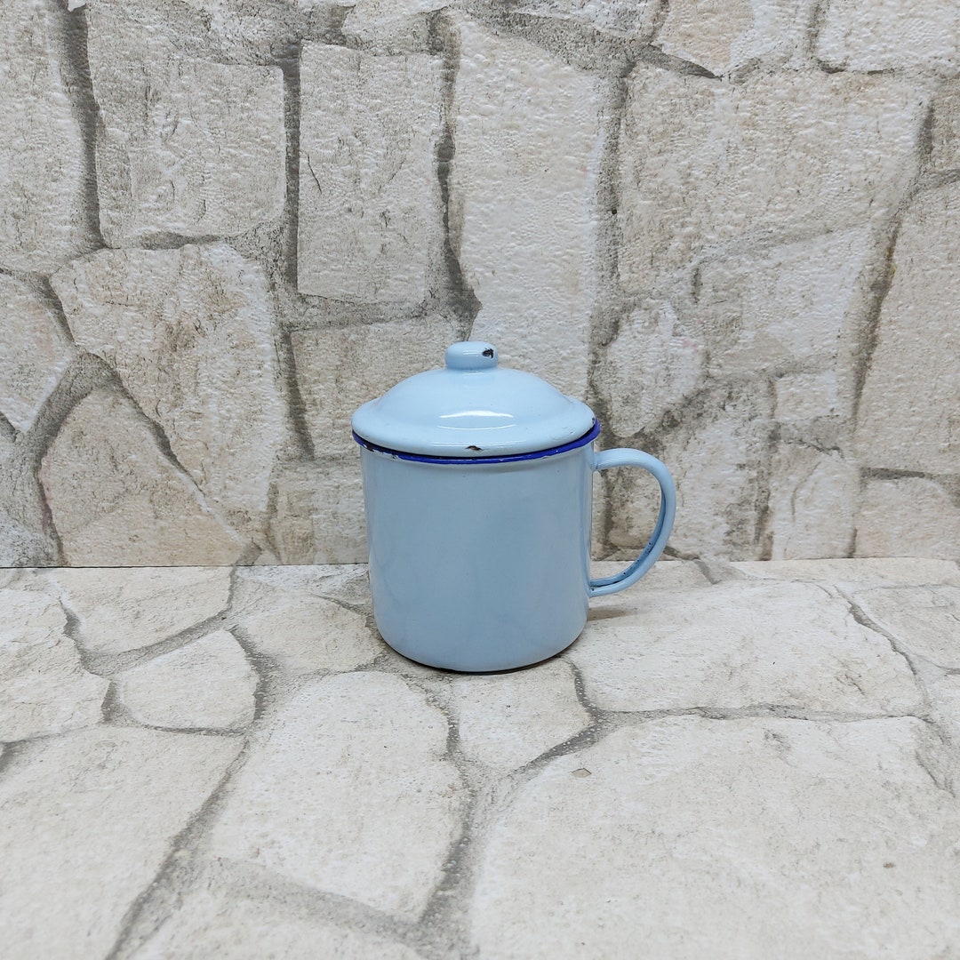 ON SALE VINTAGE Enamel Cup With Lid and Handle Old Enamel Mug Etsy