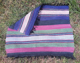 Vintage Handwoven Rag Rug – Bulgarian Folk Art, Striped Kilim (27.6 x 29.5 in)