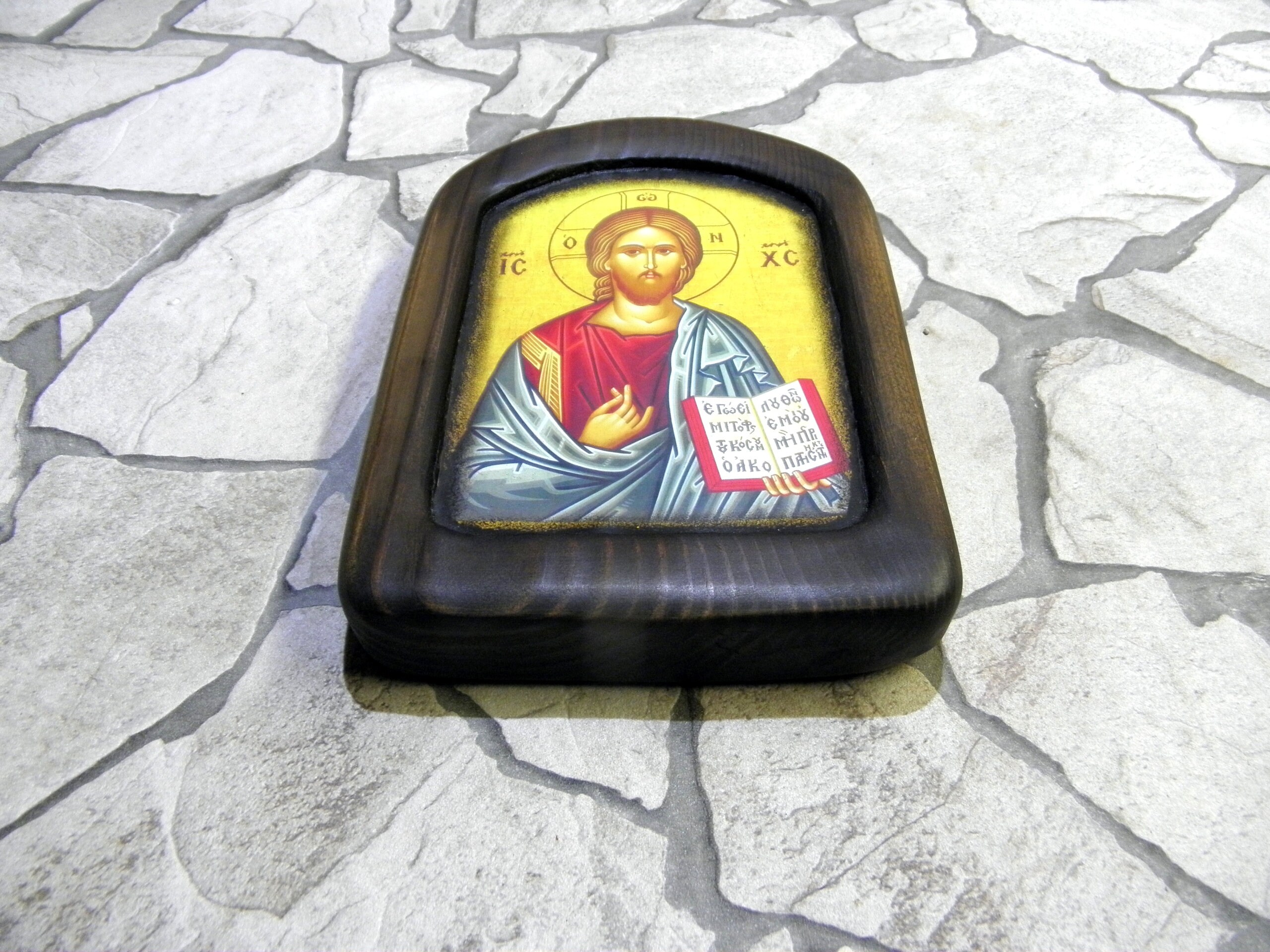 手作りのビザンチン様式のキリスト像：木製額装（7.5 x 5.1インチ