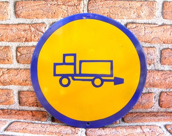 Rare Vintage Enamel Porcelain Sign-Truck With Drawbar- Round Sign Industrial Safety Warning, Large Enameled Sign Plate 12.6inch, Man Cave