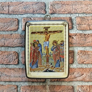 Wood Icon of the Crucifixion of Jesus Christ, Crucifixion, Jesus Christ, Orthodox Byzantine Icon on Wood 21.5 x 16 cm / 8.5  x 6.3 in