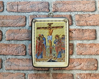 Byzantine Crucifixion Icon: Jesus Christ Wood Art (8.5 x 6.3 in)