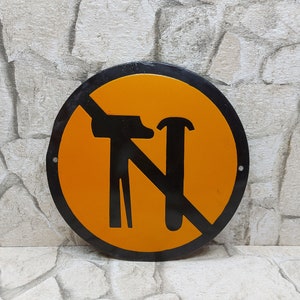 PORCELAIN ENAMEL SIGN Vintage Industrial Round Sign Plate Do Not Use Damaged Tools Orange and Black Sign Gift for Him Decor Man Cave zografa