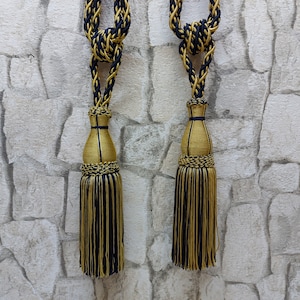European Tassel Curtain Tiebacks: Dark Blue & Gold, 38-inch Spread (Pair)