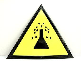 Vintage Enamel Sign Large, Tin Porcelain Sign Warning, Chemical Reaction, Yellow Metal Sign, Industrial Decor 1970&#39;s, Vintage Collectible