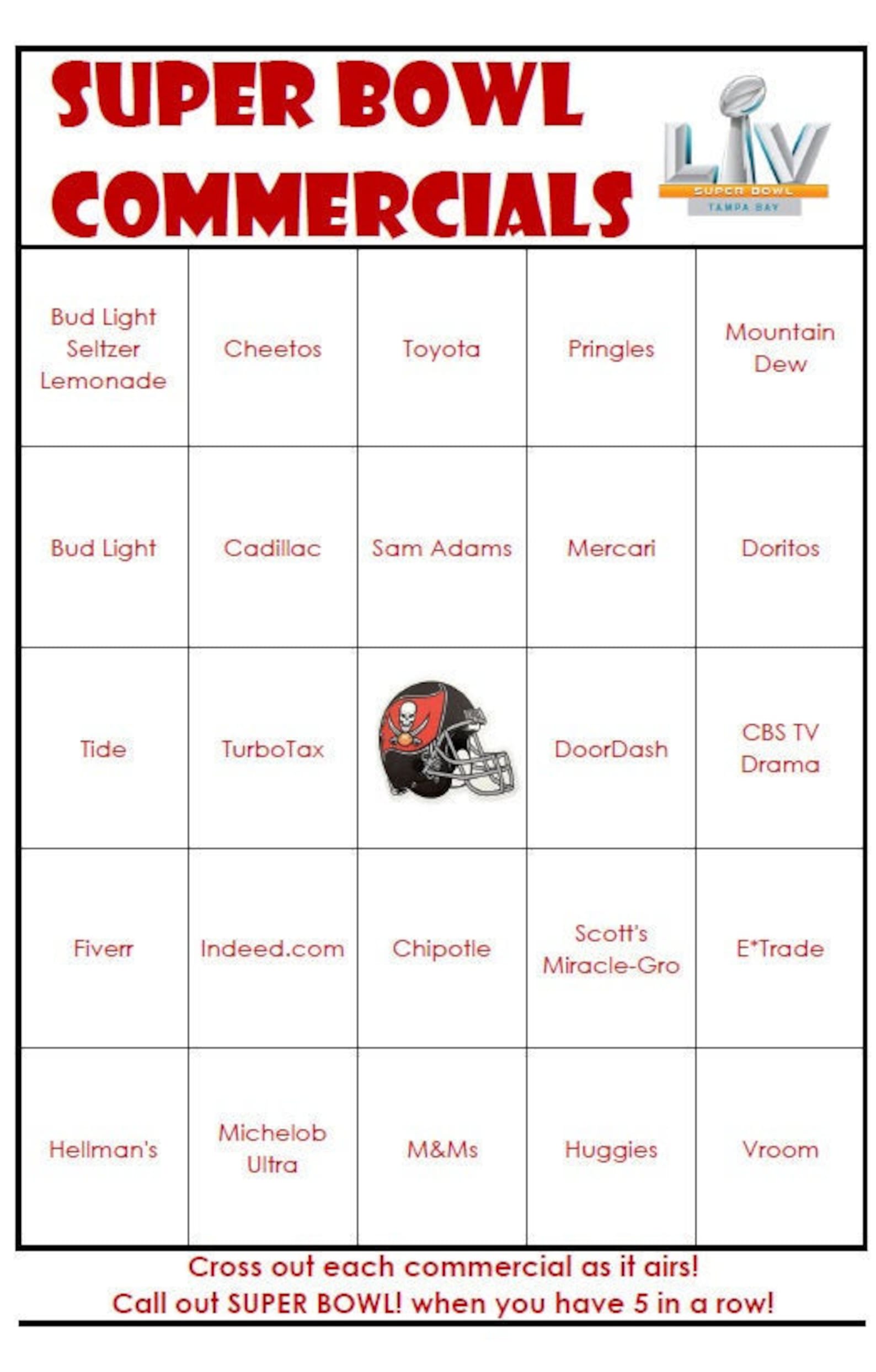EASY PRINT Super Bowl 2021 COMMERCIALS Bingo Cards Digital Etsy