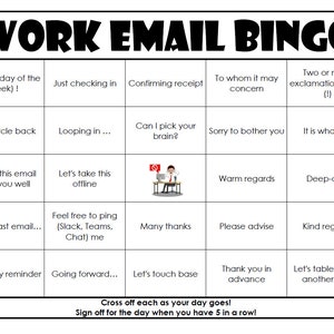 EASY PRINT Work Email Bingo Cards (digital file) 40 Cards