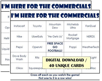 BIG GAME COMMERCIALS bingo 2026 Cards! (digital file) 40 Cards