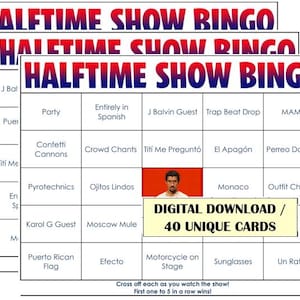May include: A stack of bingo cards with the text "HALFTIME SHOW BINGO" in red and blue. Each card has a grid of squares with phrases like "Party" and "Confetti Cannons." The cards are labeled "DIGITAL DOWNLOAD / 40 UNIQUE CARDS."