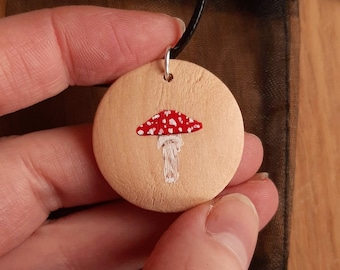 Hand painted toadstool necklace | wood pendant | hand painted jewellery | Wearable Art