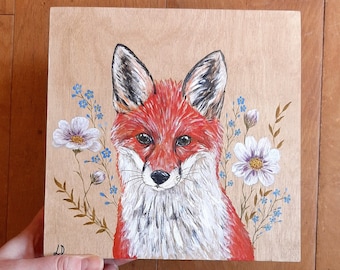 Hand-Painted Fox Painting on Birch Wood - Original Wall Art