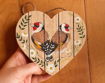 Hand Painted goldfinch | Heart shaped wooden decoration | Hanging Decoration | Cottagecore wall decor | garden birds