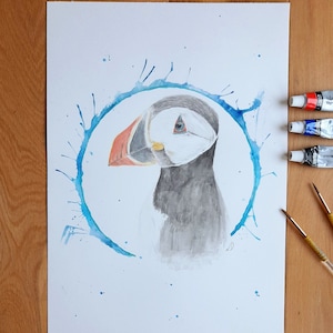 Hand painted watercolour puffin