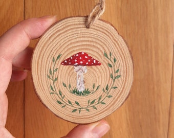 Set of home decor gift idea. Wooden slab art wood slice paintings and salt shaker Wood slice ornament Mushroom and strawberry art
