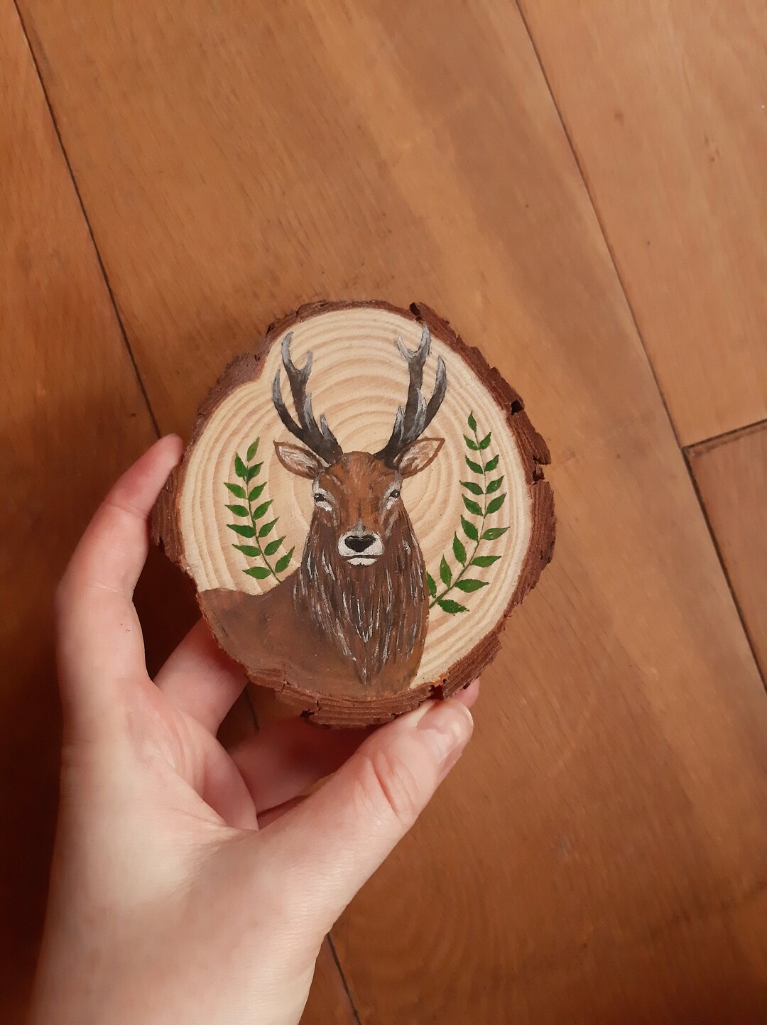 Hand Painted Deer | Miniature Painting With Easel | Wood Slice | Cottagecore Decor | Deer ...