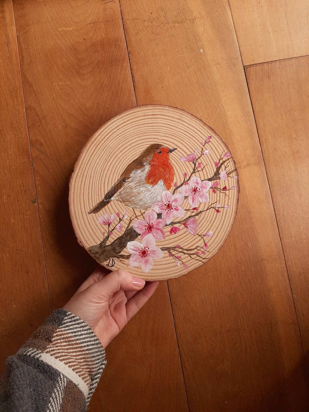 Hand Painted Robin | Wall Art | Large Wood Slice | Cottagecore Wall ...