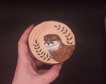 Hand Painted Otter | miniature painting with easel | Wood Slice | Cottagecore decor | otter painting