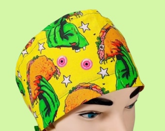 Zombie Hands Holding Tacos on Yellow Men&#39;s Tie Back or Women&#39;s Euro Style Novelty Surgical Scrub Cap/Cooks Hat/Chemo Cap