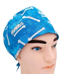 Ortho Surgical Scrub Caps, OR Hats for Men, Funny Scrub Caps for Women, Tie Back Hats, Women&#39;s Euro Style, This Is Humerus Bones on Blue